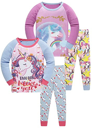SOIBEEN Girls Pyjamas Set Girls Sleepwear Unicorn Pajamas 100% Cotton PJs 7 Years Toddler Clothes Long Sleeve 4-Piece Set