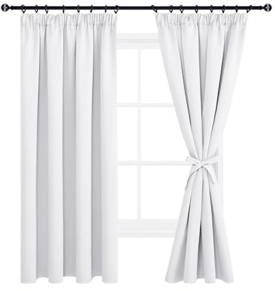 DWCN Schlafzimmer Gardinen Für Schienensystem 2er Set H175 x B140 cm, Verdunklungsvorhänge mit Vorhang-Krawatten, Kräuselband Gardinen Kurz Abdunkelnde Vorhänge Dunkel Für Kinderzimmer, Grau Weiß