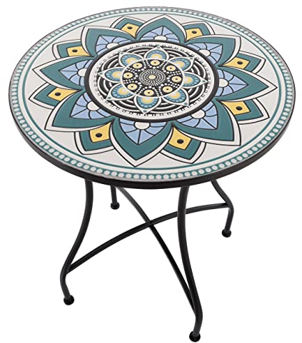 Raburg Mosaiktisch, 60 cm Ø, runder Gartentisch mit Mosaikmuster, Balkon- und Terrassentisch, mediterranes Flair, liebevolle Handarbeit, Mayla, Weiß-Türkis-Gelb