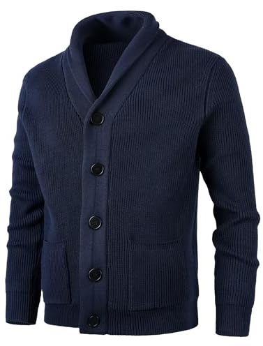 KTWOLEN Maglione Cardigan da Uomo con Collo a Scialle Invernale Maglione Felpa di Cotone Giacca in Maglia a Manica Lunga Cardigans con Bottoni e Tasche, Blu, XXL