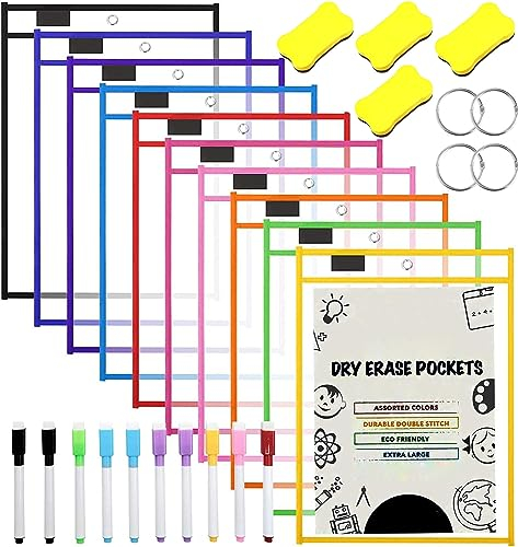 10 Stück Dry Erase Taschen, Abwischbare Durchsichtige Hüllen Reusable Dry Erase Pockets Schreibwaren Lieferungen Mehrfarbige Trocken Abwischbare Taschen für Klassenzimmer, Büro, Heimbildung