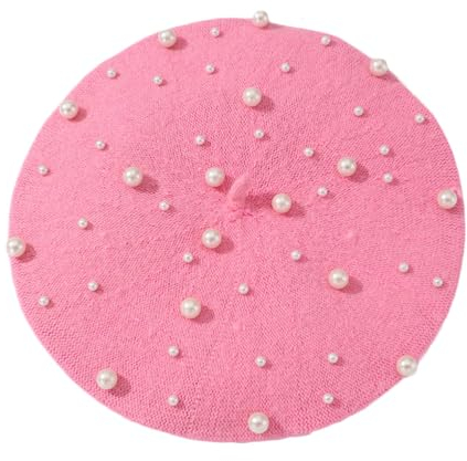 PURFANREE Baskenmütze für Damen und Mädchen, Perlen, Strass, Wolle, französische Baskenmütze, Winter-Künstler, Malermütze, Beanie-Mütze, Scatteredpearl Pink, Einheitsgröße