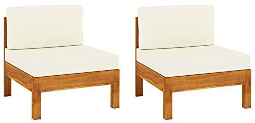 Gecheer Mittelsofas Sofa Lounge Gartensofa Einzelsofa Gartenmöbel Loungesofa Innenhof Terrasse 2 Stk. mit Cremeweißen Kissen Massivholz Akazie