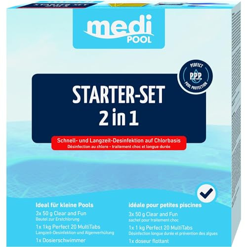 Medipool Pflege-Set 2 in 1 mit Perfect 20 MultiTabs 1 kg (Tabs je 20g), 3X Dosierbeutel Clear and Fun zur Schockchlorung und 1 Mini-Dosierschwimmer, Markenqualität