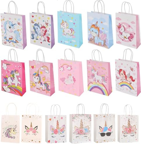 FonVan 16 Stück Papiertüten, Partytüten Einhorn Papiertüten Papier Tüten, Kinder Geschenktüten, Candy Tüten, Verpacken mit Griffen für Geschenken, Giveaways, Hochzeit, Geburtstag Party