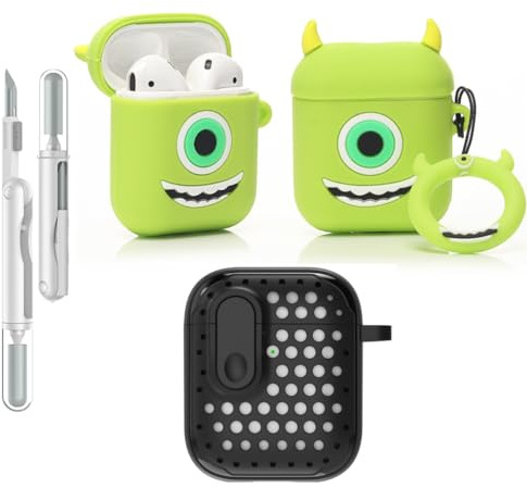 LEWOTE Custodia protettiva 3 in 1 compatibile con Apple AirPods (2a/1a generazione) custodia protettiva divertente con kit di pulizia e portachiavi (Mike)