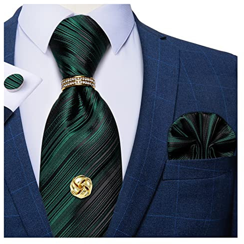 Aqxyedc Grün Gestreiftes Krawattenset for Herren, Einstecktuch, Manschettenknöpfe, Krawattenring, Krawattennadel mit Kette, Geschenk for Männer, Hochzeit, 8 cm Seidenkrawatte wanglan