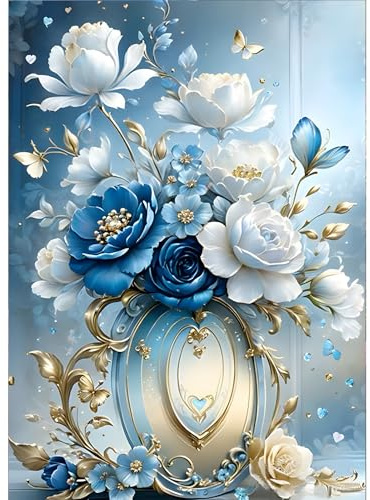 GDYEEH 5D Weiße und blaue Blumen Diamant Painting Pictures, DIY Diamant Art Painting Kits, Blumen Diamond Painting Set for Adults Anfänger, Mosaic Making, Diamond Painting for Home Decor 30x40cm
