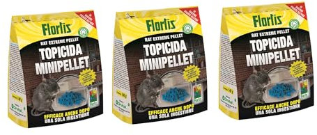 Flortis Topicida Minipellet. Kit 3 unità di topicida. Veleno per Topi da 140g. Veleno Topi in Forma Pellet. Esca per Topi Pronto Uso. Veleno per Topi per Uso Domestico. Uso Esterno e Interno.