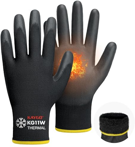 KAYGO Thermo Arbeitshandschuhe PU beschichtet 12 Paar, KG11WB | antirutsch Grip, Gefütterte Schutzhandschuhe für Winter Arbeit Kühlhaus Lager Bau bei kaltem Wetter (Schwarz, L, Gr 9)
