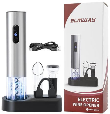 ELMWAY VinoLux Series Rechargeable Electric Wine Opener Set by ELMWAY – Electric Corkscrew with LED Lights, Foil Cutter, Wine Pourer, Vacuum Stopper & Base, Gift Set for Wine Lovers – Silver