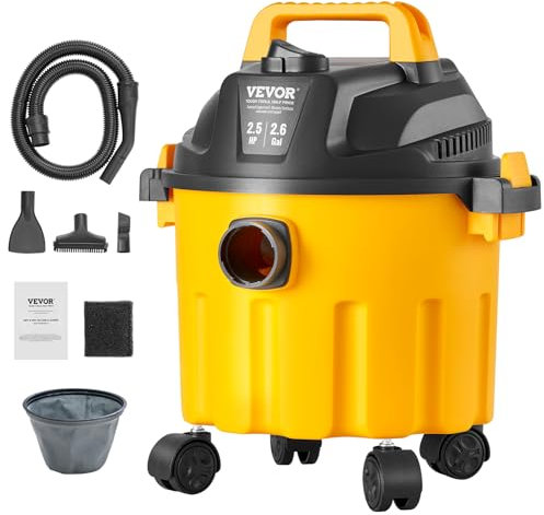 VEVOR Aspirateur eau et poussière 10 L, aspirateur d'atelier sec humide portable léger, 2,5 CV max, aspiration et soufflerie efficaces avec buse, roulettes, pour tapis, débris, poils d'animaux, jaune
