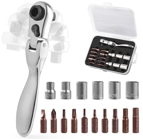 COTOUXKER Mini ratchet screwdriver Set, Right Angle Screwdriver set with 1/4 Mini Flex Ratchet Wrench and Bits Sockets for Tight Spaces(Ratchet wrench with bits and socket)