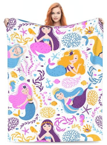 fifbird Meerjungfrauen-Decke, Geschenke für Frauen und Mädchen, weich, warm, leicht, gemütlich, Cartoon-Überwurf, Decken für Bett, Wohnzimmer, Sofa, Couch, Meerjungfrauen-Dekoration, 127 x 152,4 cm