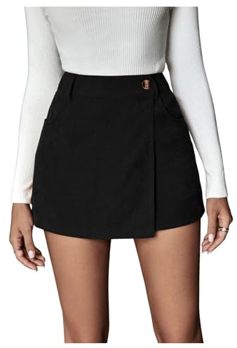SOLY HUX Femme Jupe-culotte Mini Jupe Velours Côtelé Ligne A Jupes Courtes Hiver Jupe en Velours Côtelé Jupe-short Taille Haute Shorts Portefeuille Jupe Décontractée Jupe de Soirée, Noir , L