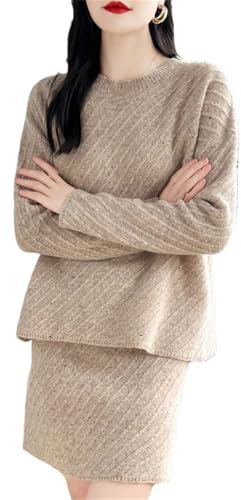 DBFBDTU Strickset Damen Langarm Pullover Tasche Hüftrock Zweiteiler Set Lose Oberteil Kurzer Rock Damen Wollset, B, L