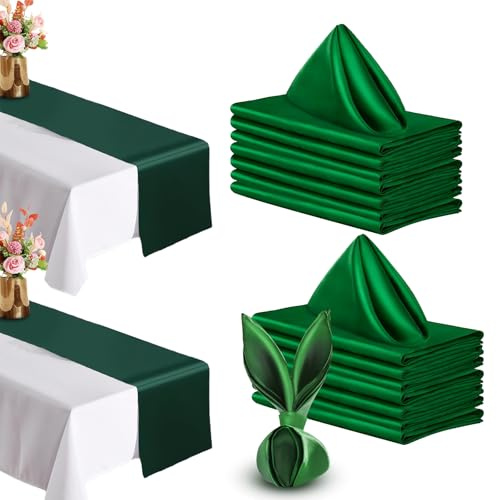SITAKEGS Set 16PCS Tovaglioli in Raso con 2 Runner da Tavolo Lavabili Verde | Riutilizzabili Tovaglioli Eleganza alla Tavola ideali Decorativi da tavolo per Cene Quotidiane, Feste, Ristoranti