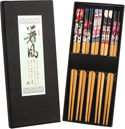 DERAYEE Baguettes Japonaises, Baguette Chinoise en Bambou - 5 Paires | Réutilisables, Durable, Avec Chats Chanceux, Pour Sushi Cuisine Asiatique