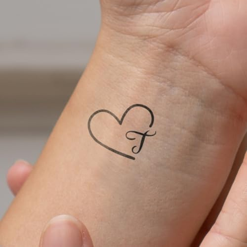 Inkster - Herz mit Initialen Tattoo - Buchstabe T - vegane & wasserfeste Temporäre Tattoos für Erwachsene - EU-Kosmetikzertifizierte Farbe