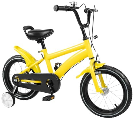 LKHDONG 14 Zoll Kinderfahrrad, für ab 3-6 Jahre Jungen & Mädchen, Höhenverstellbares Ausbildungsfahrzeuge, Fahrrad für Kinder mit Stützräder und Duales Bremssystem (Gelb)