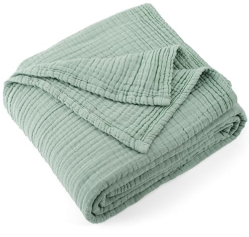 Carriediosa - Coperta in 100% mussola di cotone, per letto queen size, 228,6 x 228,6 cm, in garza estiva a 4 strati, morbida, leggera e traspirante, per adulti, per tutte le stagioni, verde salvia