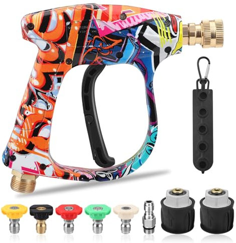High Pressure Washer Gun with 5 Spray Nozzles, Short Jet Wash Gun 4000PSI Colorful Power Cleaner Gun Kit with M22 14MM Fitting Hose Connector & 1/4'' Quick Release Connector for Karcher