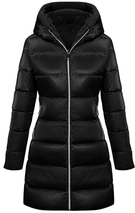 Giolshon Giacche reversibili da donna in pelliccia sintetica e lucida Piumino con cappuccio resistente all'acqua Lunghezza media B06 Nero M