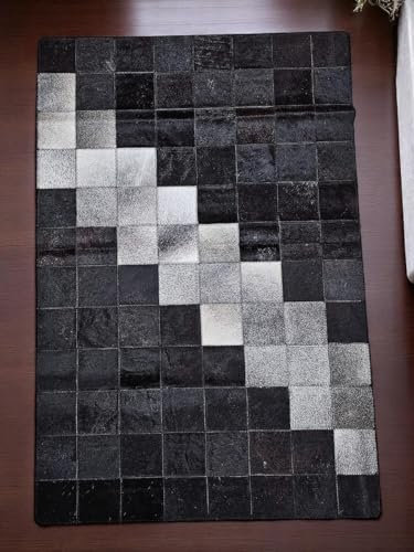 Provellus Tapis patchwork en peau de vache avec rayures diagonales – Fourrure véritable, fait à la main et facile d'entretien