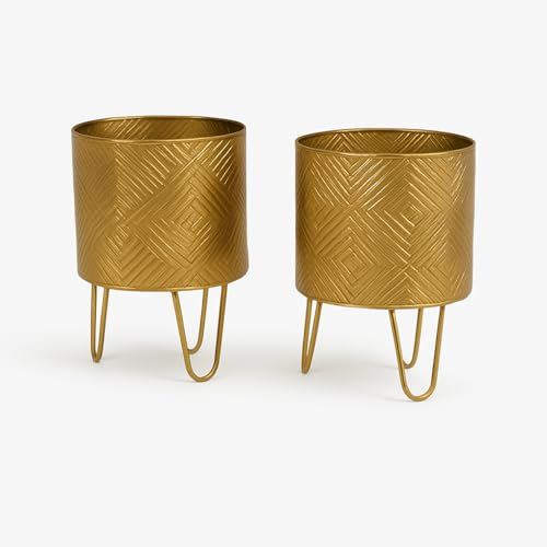 Set di 2 Portafiori in Metallo, Design Geometrico, Supporto con Gambe, Vaso Decorativo Dorato per Piante