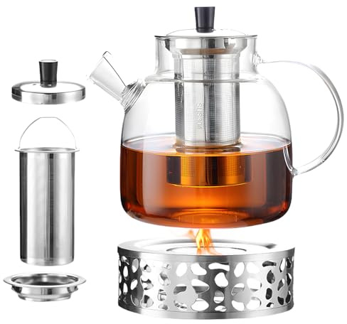​GOEDCH Teekanne Glas mit Stövchen: Teekanne mit Sieb, Glas Teekanne 1.5L, Premium Borosilikatglas mit Stövchen Edelstahl, Großvolumiger Teebereiter mit Siebeinsatz für losen Tee, Teeblumen & Beutel
