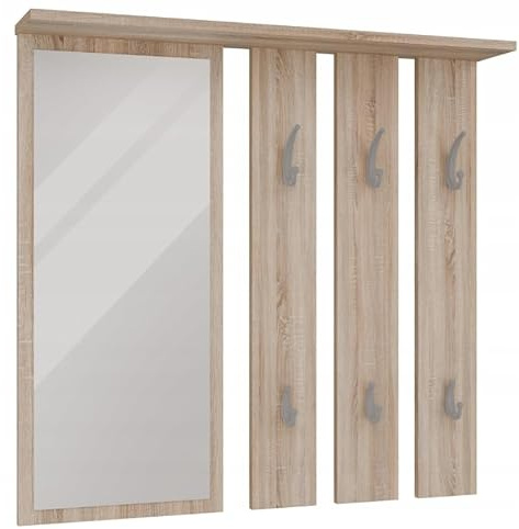 BDW - Wandgarderobe - Garderobe Wand - Wandpaneel mit Spiegel und Ablage - Flurgarderobe Hängend Modern mit Haken - Wandhaken, Kleiderhaken - Eiche Sonoma Opal - 15x85x82cm