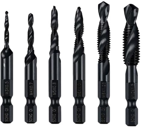 Vroxdrez 6-teiliges Kombi-Bohrer und Gewindeschneider-Set, Schraubengewinde-Bits in M3x0,5 M4x0,7 M5x0,8 M6x1,0 M8x1,25 M10x1,5, mit Rostschutz-Beschichtung, 6-mm-Sechskantschaft, für Metall & Kunstst