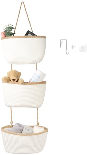 danpinere Over Door Hanging Organiser with 3 Woven Baskets, Rope Wall Hanging Basket for Bathroom, Bedroom, Nursery, Small Space Door Organizer, No Drilling Cabinet Alternative for Toys, white+Jute