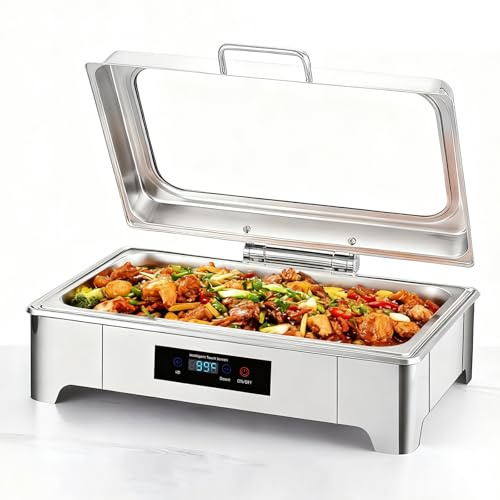 Elektrischer Chafing Dish, 9L Edelstahl Speisewärmer, Buffetwärmer Einstellbare Temperatur, Warmhaltebehälter Essen Elektrisch mit Sichtbarem Glasdeckel für Büfetts und Bankette, Full Pan