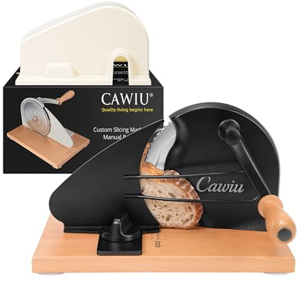CAWIU Upgraded Manual Bread Slicer for Homemade Sourdough Bread - Adjustable Thickness Bread Cutter with Hand Crank, Suction Cups, Slicing Guide, Scale Line & Cover, for Perfect Even Slices (Black)
