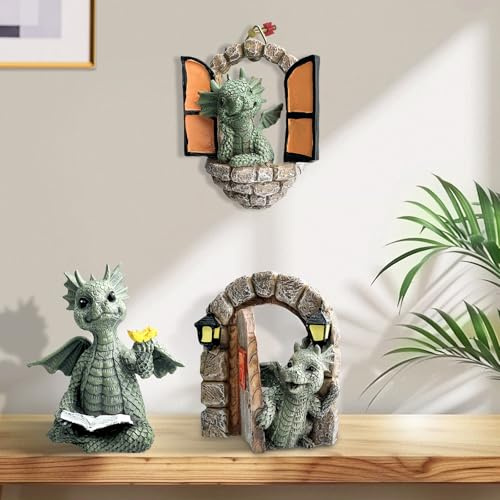 cersaty 3 piezas de escultura de dragón de patio, figuras de dragón de resina para decoración de patios, jardines, céspedes, terrazas, balcones, dragones, decoración