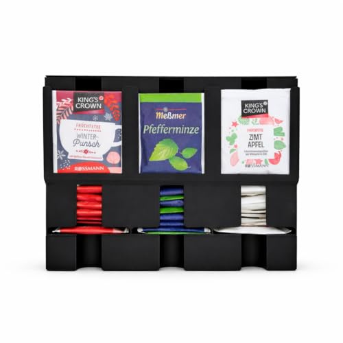 Alupedia Teebeutel Organizer Box – Teebeutelspender aus robustem Kunststoff – 3Fächer für Verschiedene Teesorten – Perfekt für Küche, Büro, Hotel oder Teeliebhaber – Platzsparend (Schwarz)