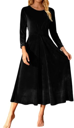 Roobeety Robe Élégante en Velours pour Femme en Ligne A - Robe de Fête Midi avec Manches 3/4 | Robe en Velours Ondulant pour Occasions Spéciales, M