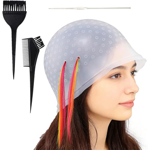 Cuffia per Meches con Foro Perforato,Cappucci in Silicone per Tinture,Cuffia Per Capelli Strumento,Capelli Riutilizzabile Kit per Meches con Pennello Mèches e Ago,Acconciature DIY Adatte alle Donne