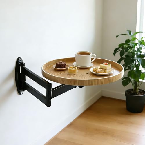 YUZINO Runder Klapptisch Wand, 720° Verstellbarer Schwebender Nachttisch mit 90° Faltbarem Halter, Platzsparend Wandtisch Klappbar für Schlafzimmer, Wohnzimmer (Eichenfarben)