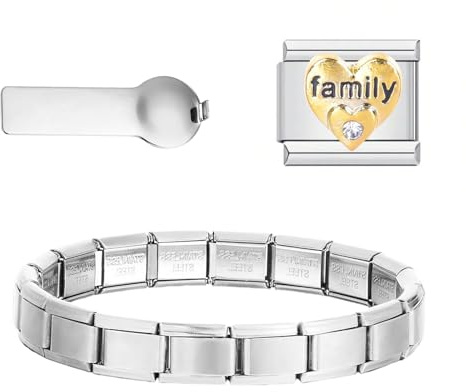 CENCERY Kit inicial 3-en-1 para pulsera de charms italiana, pulsera de 9mm en acero inoxidable dorado con charms y herramienta de retiro, compatible con charms italianos (Familia)