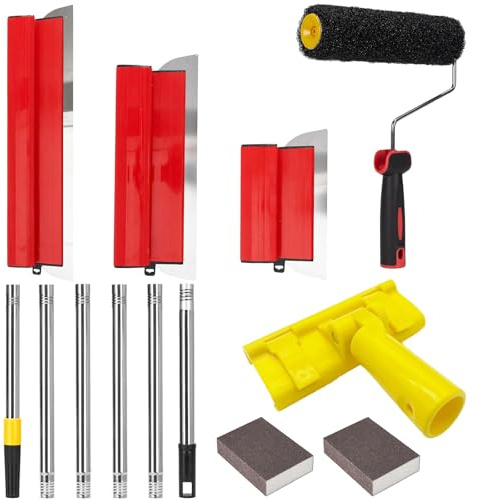 Skimming Blade Set, 25+40+60cm Flexible Stainless Steel Drywall Spatula Trowel Skim Blades, Aluminium Pole & Angle Holder with 9 inch paint rollers – Wall Ceiling Plastering Tools for Smoothing Finish