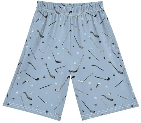 foixnub Pajama Shorts Blue Pucks Hockey Sticks Sleep Pants Lounge Bottoms Elastic Waist with Pockets 6-14 Years