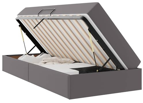Owoxanthellate Einzelbett mit Stauraum 90 x 200 cm Grau Leder Metallrahmen Hydraulischer SeitLift Schlafsofa Matratze inkl Modernes Design Robust für Schlafzimmer Jugendzimmer
