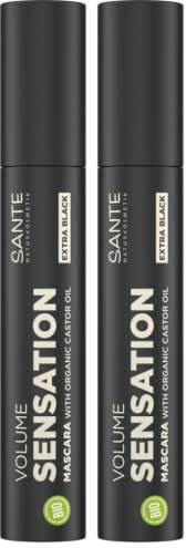SANTE Naturkosmetik Volume Sensation Mascara 01 Extra Black, Schwarze Wimperntusche für sensationelles Wimpernvolumen, Natural Make-Up, Mit Bio-Rizinus & Bio-Mandelöl, Vegan, 12ml (Packung mit 2)