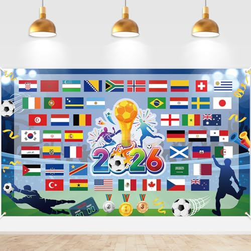DPKOW Deko Fußball WM 2026 Banner Hintergrund Flaggen 48 Teams Mannschaften WM 2026 Deko Länderflaggen 48 Teilnehmer Nationalflaggen Poster, 185 * 110 cm