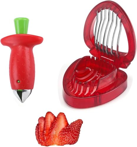 2 Pcs Strawberry Huller and Cutter Set, Pedicle Remover Tool for Tomatoes Pineapples and Soft Fruit, Kitchen Prep Gadget for Baking and Jam Making, Fruit Creations Helper
