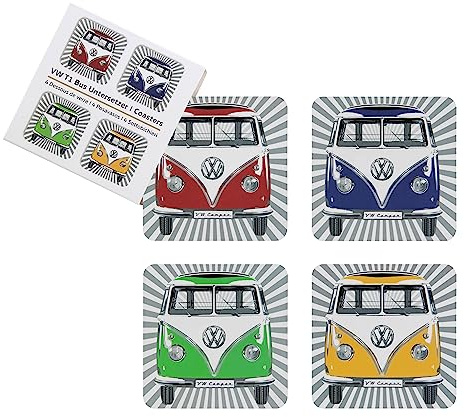 BRISA VW Collection - T1 Bulli Bus Getränke Untersetzer Dekoration 4er Set | Volkswagen Abstellteller Bierdeckel für Gläser & Tassen, Wiederverwendbar Saugfähig, Kork mit MDF Beschichtung, Samba Stripes