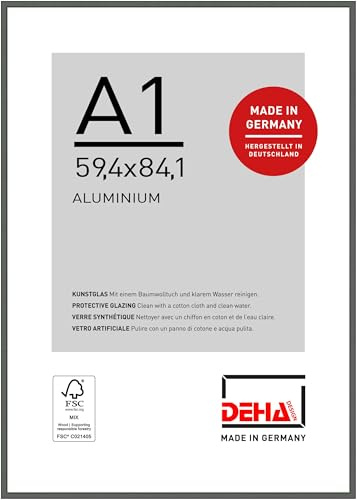 DEHA Design Aluminium Bilderrahmen Boston, 59,4 x 84,1 cm (A1), Grau | Aluminium Posterrahmen im Hoch- & Querformat zum Aufhängen Grau glänzend bruchsicheres Kunstglas
