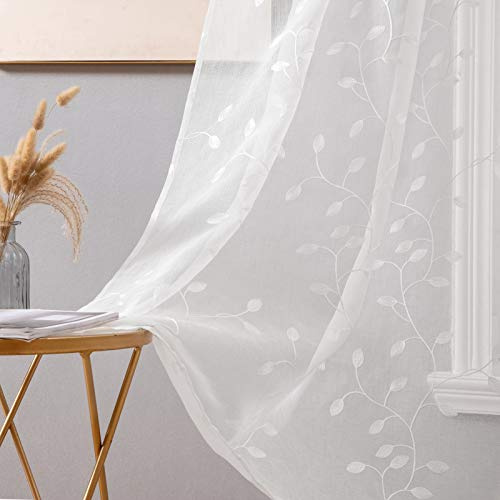 MIULEE Sheer Vorhang Voile Blumen Stickerei Vorhänge mit Ösen transparent Gardine 2 Set Ösenvorhang Gaze schals Fensterschal für Wohnzimmer Schlafzimmer Weihnachten Dekoration 175cmx140cm(HxB) Weiß